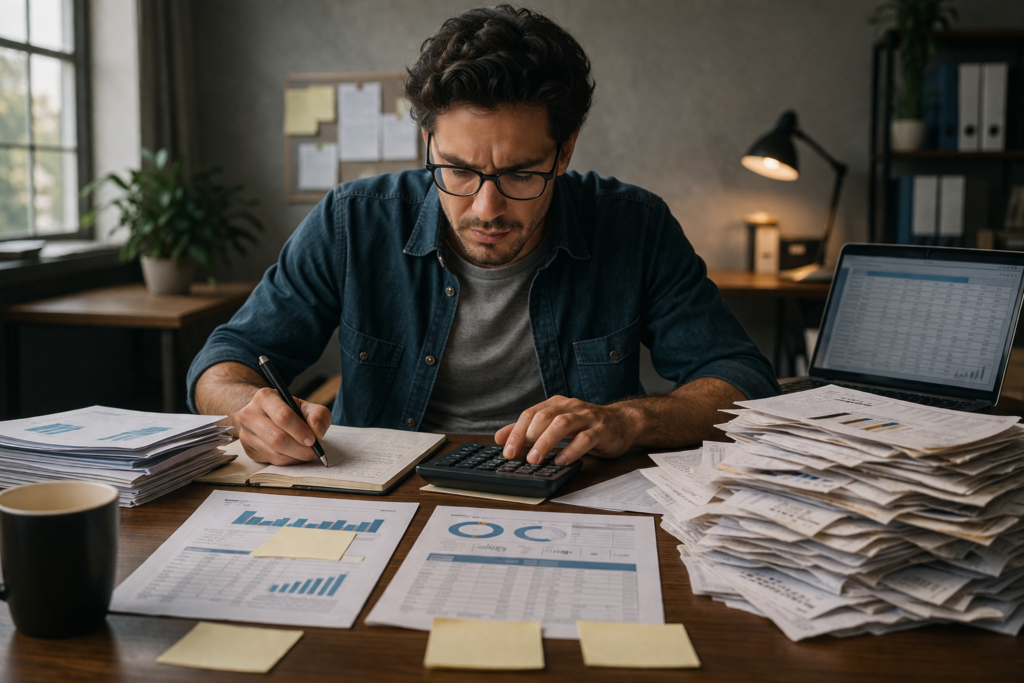 Предприниматель считает доходы и расходы для бизнес-плана, сравнивая выручку, затраты и реальную прибыль проекта