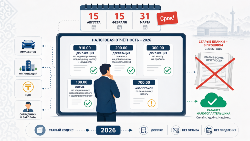 Инфографика: формы налоговой отчетности РК 910.00, 200.00, 300.00 на планшете бухгалтера, календарь с датами 15 августа и 15 февраля