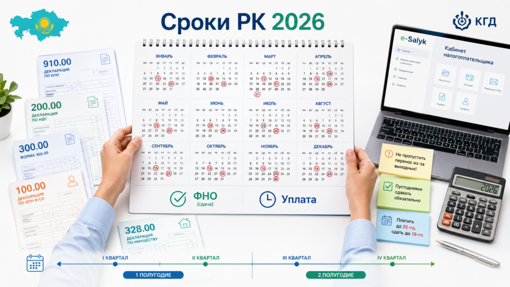 Налоговый календарь бухгалтера Казахстана 2026 с формами 910.00, 200.00, 300.00, 100.00 и сроками уплаты