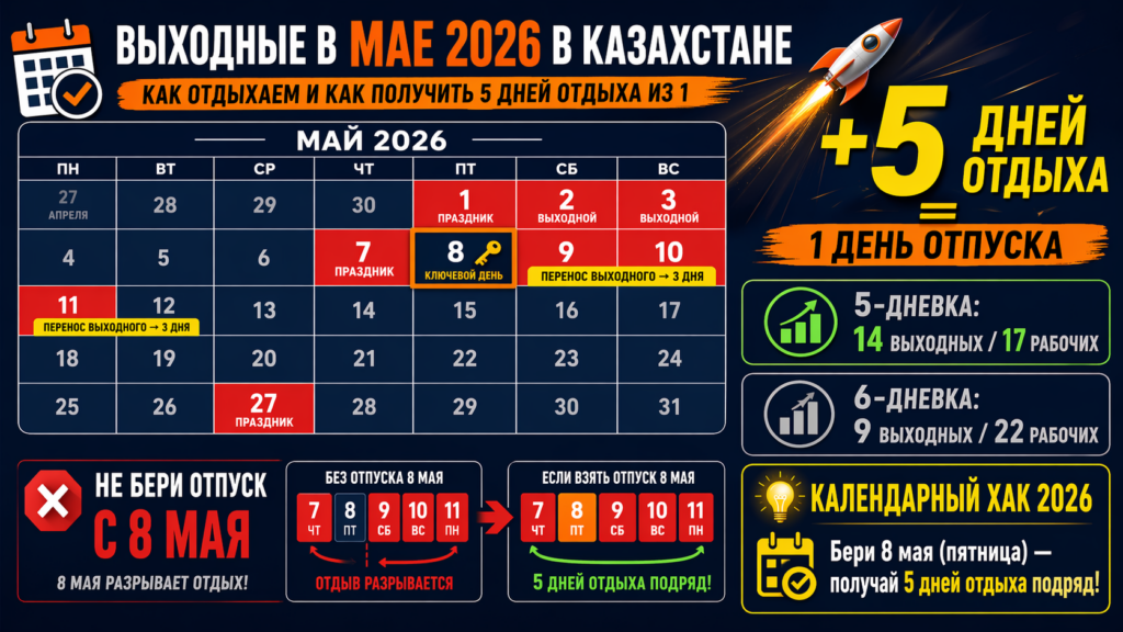 Инфографика: как получить 5 дней отдыха в мае 2026 в Казахстане, взяв 1 день отпуска 8 мая