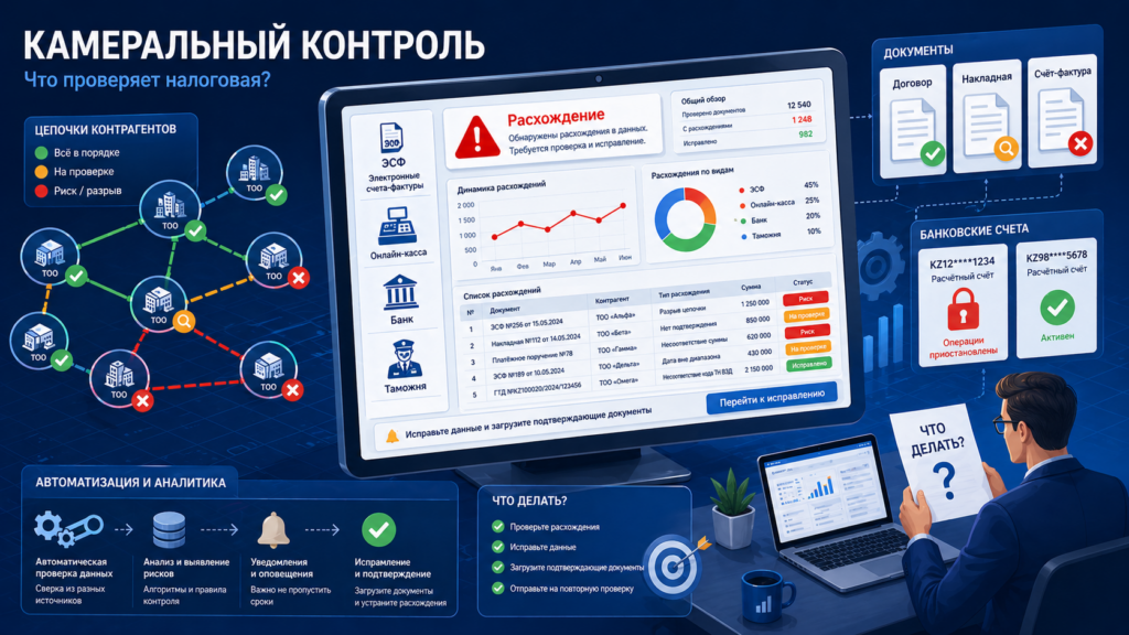 Камеральная налоговая проверка в Казахстане: монитор с данными ЭСФ и уведомлением КГД, бизнесмен анализирует риски