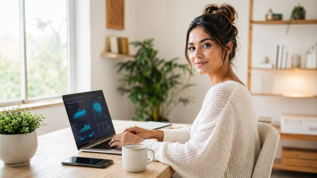 Woman entrepreneur working from home in 2026 using AI tools on laptop