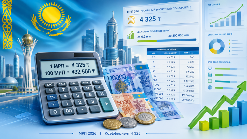 Калькулятор перевода МРП в тенге 2026: 1 МРП = 4 325 тенге, таблица значений от 0.2 до 300 000 МРП на фоне Астаны
