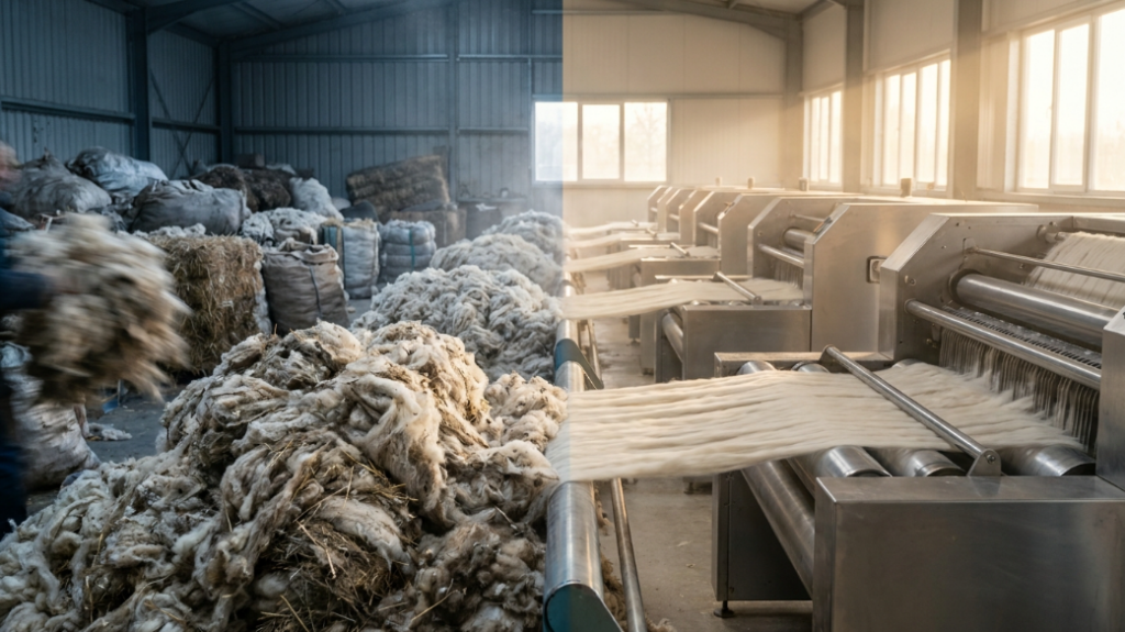 подготовка шерстяного волокна мойка очистка чесание промышленный цех казахстан