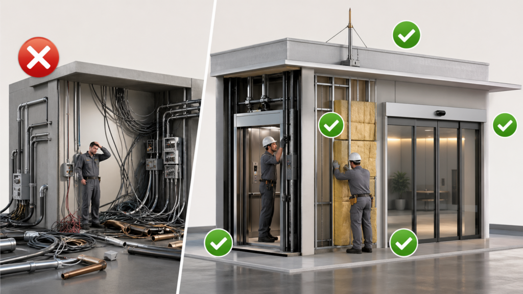 Сравнение правильного и неправильного выбора ОКЭД 43298: монтаж лифта и изоляции против электропроводки