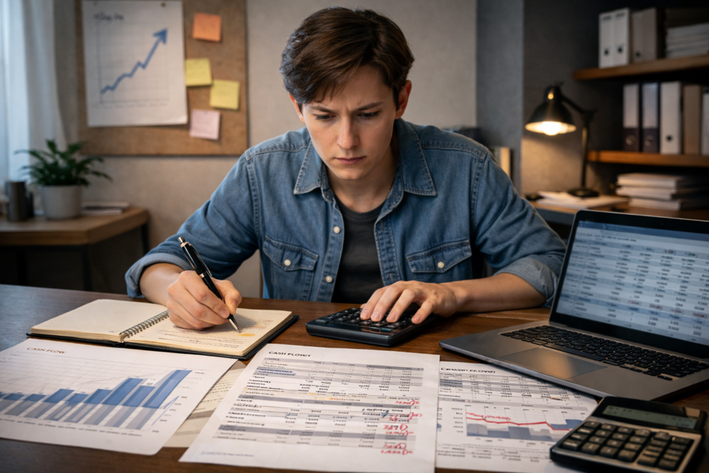 Предприниматель анализирует окупаемость проекта в бизнес-плане по cash flow, расходам и сроку возврата вложений