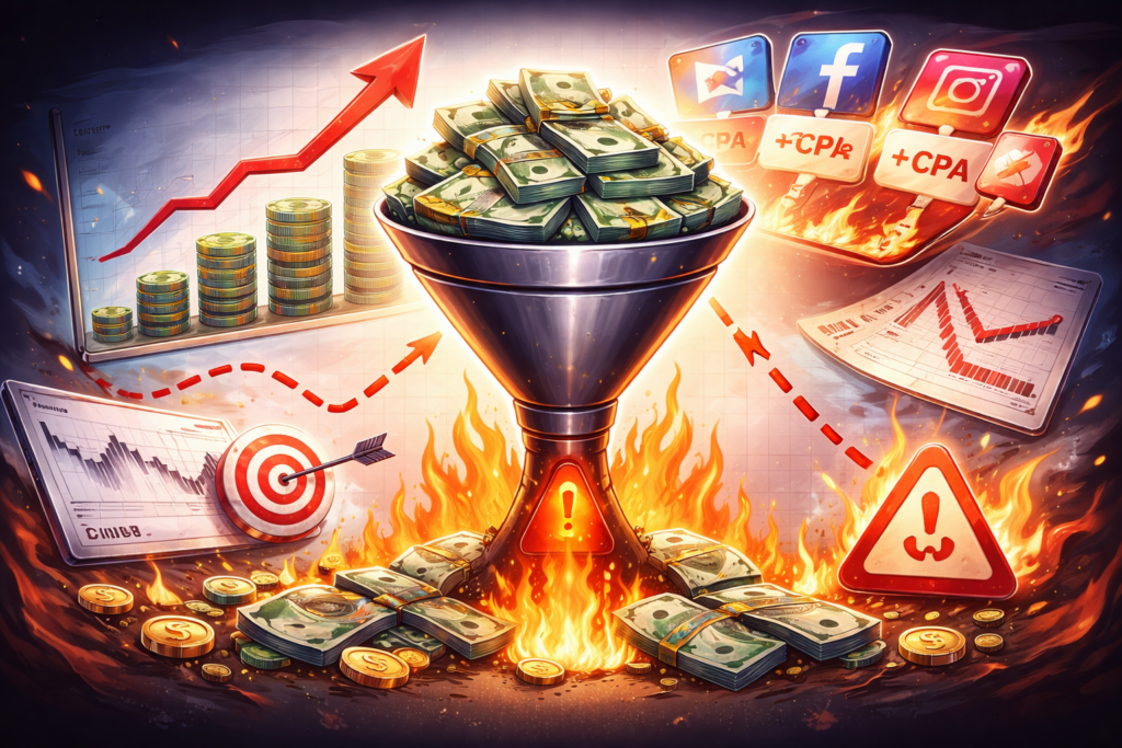 увеличение бюджета рекламы без роста заявок падение конверсии рост cpa визуализация проблемы масштабирования