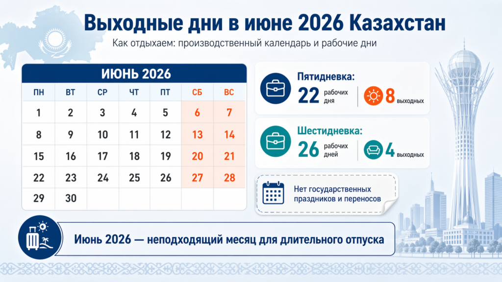 Календарь выходных и рабочих дней в июне 2026 Казахстан, 5-дневка и 6-дневка