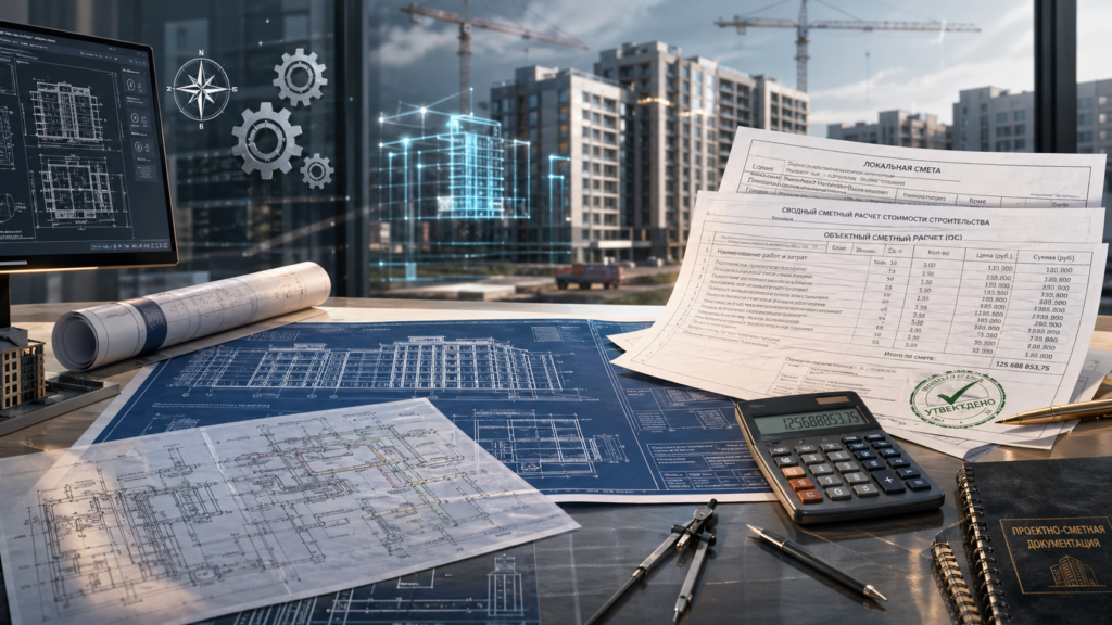 Разработка проектно-сметной документации: архитектурный чертеж, инженерные схемы и сметные таблицы на столе