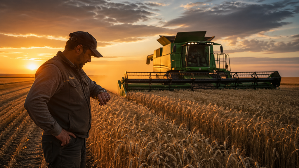 Современный комбайн убирает пшеницу в Казахстане. Сельхозуслуги для фермеров: вспашка, посев, уборка.