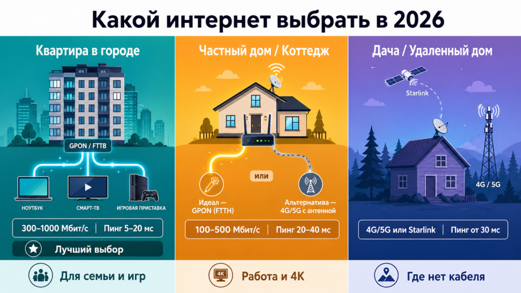 Инфографика сравнения интернета для квартиры, дома и дачи: GPON, 4G и Starlink в 2026 году