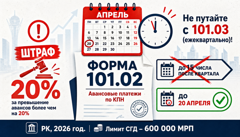 Календарь с датой 20 апреля, форма 101.02, красный знак штрафа 20%, перечеркнутая ошибочная дата до 15 числа, предупреждение о путанице с формой 101.03