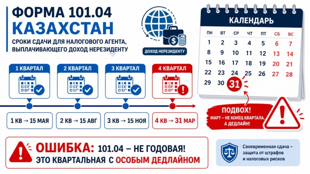 Календарь с выделенным 31 марта, временная шкала кварталов с датами 15 мая, 15 августа, 15 ноября и 31 марта для формы 101.04 Казахстан