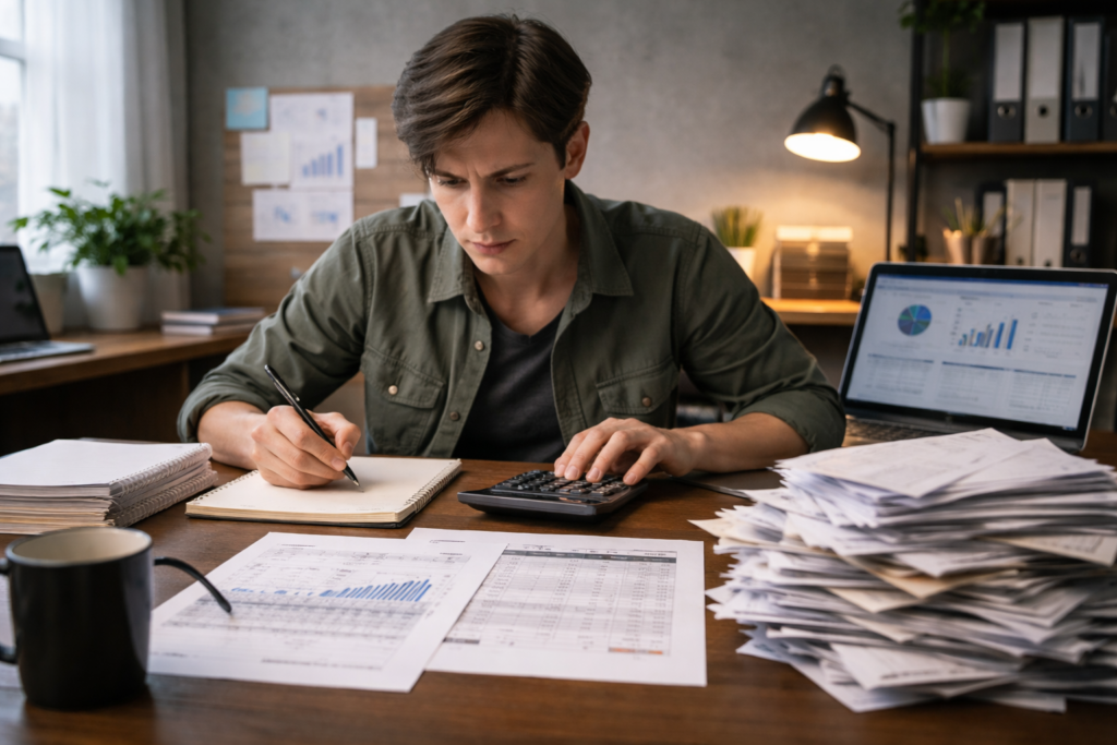 Предприниматель считает стартовые вложения в бизнес-плане за столом с калькулятором, таблицами расходов, ноутбуком и финансовыми документами
