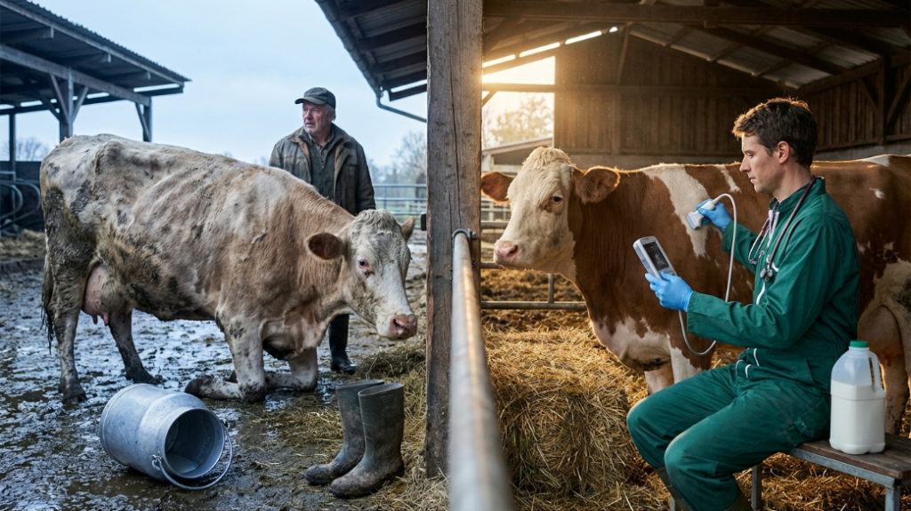 ветеринар осматривает корову на ферме диагностика лечение КРС выезд специалиста