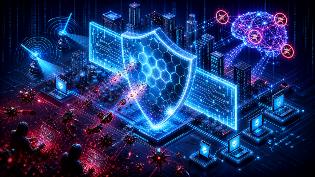 Cyber defense technology concept with digital shield and network security