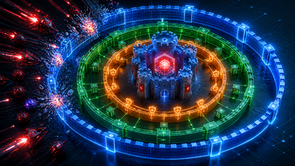 Defense in Depth concept: multiple layers of cybersecurity protecting organizational assets