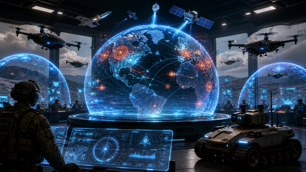 Modern defense technology systems with AI, autonomous drones and cyber defense network