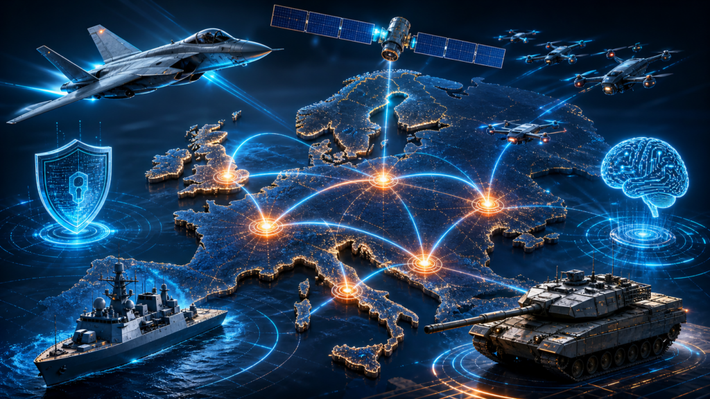 European defense technology landscape 2026 showing major defense companies, startups, and EU funding initiatives