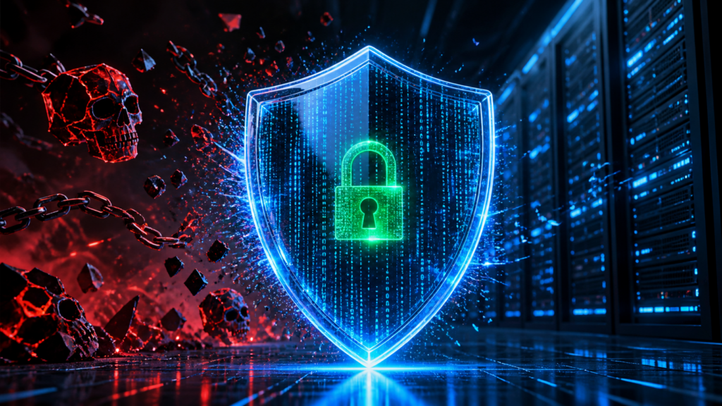 Cyber defense shield protecting network from malware and hackers
